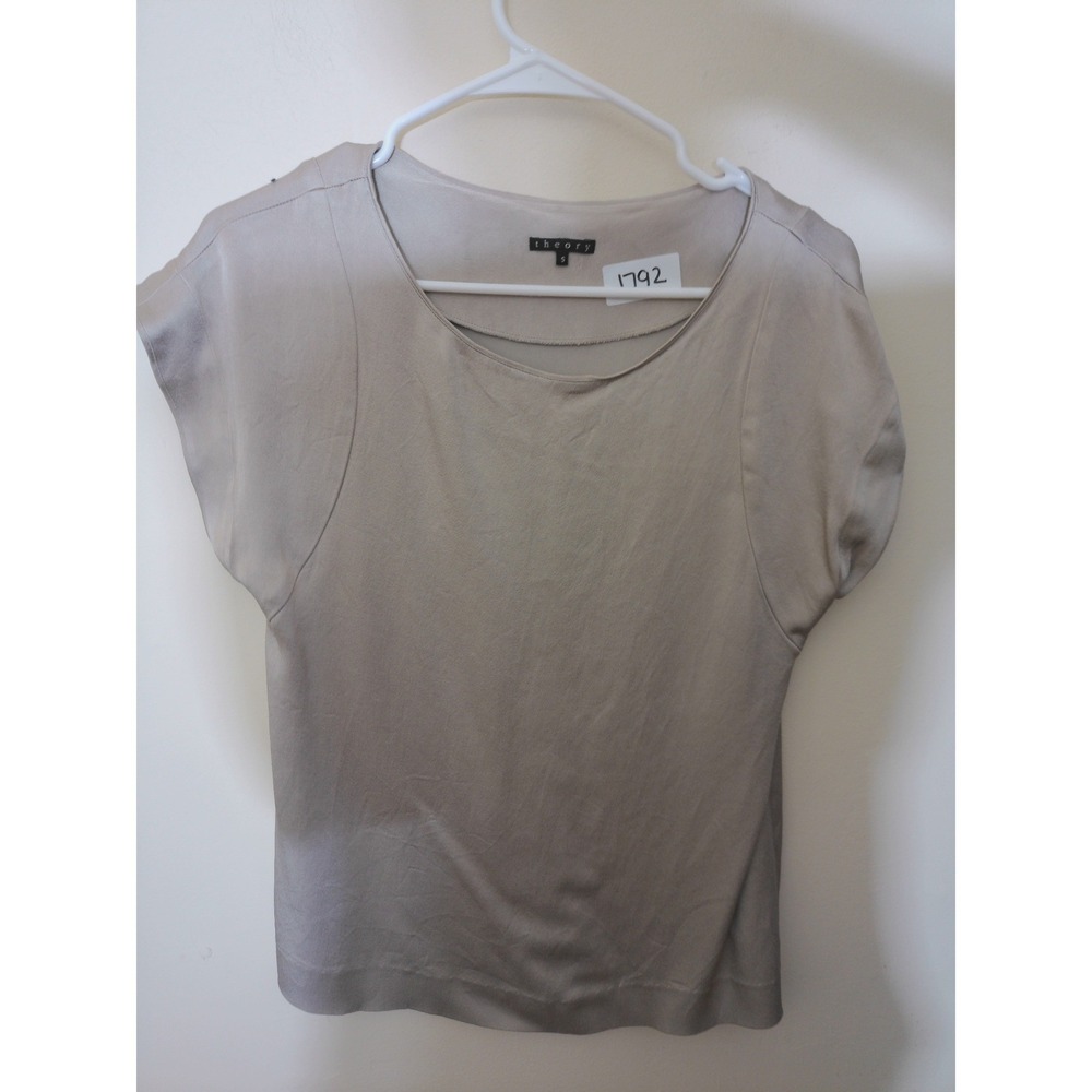 Theory Blouse Womens Small Beige Short Sleeve Minimalist Quiet Luxury 1792